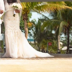 ivory, bedazzled and cream, wedding gown, fit, and flare purchase in 2024